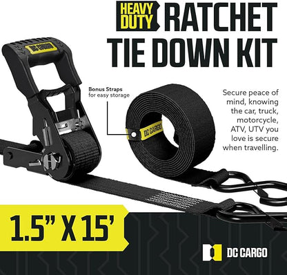DC Cargo Mall Ratchet Straps Tie Downs 4 Pack (5,000 LB Break Strength) 1.5" x 15 Feet Tie Down Straps with Safety Lock S Hooks for Cargo, Trucks, Appliances, Moving.