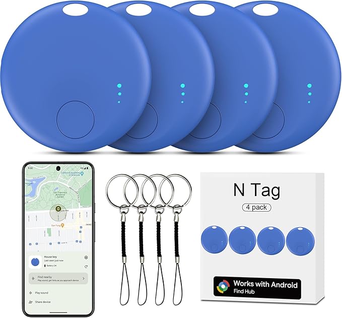 Smart Tags-4 Pack for Android Tracker Tags, Bluetooth Tracker, Work with Google's Find Hub App, Item Finder for Keys, Item Locator for Wallet, Suitcases (Blue)