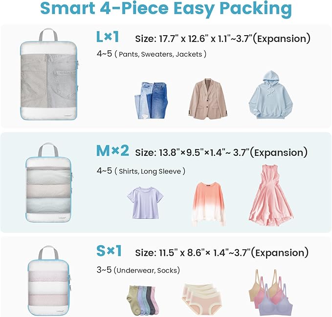 Cambond See Through Compression Packing Cubes Mesh - 4 Pack Mesh Packing Cubes for Travel Women, Lightweight Expandable Travel Bag Organizer Compression Cubes for Carry on Suitcase, White