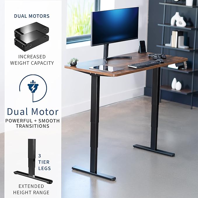 VIVO Electric 55 x 28 in Dual Motor Sit Stand Desk, Memory Height Adjustment, 2B Series, Rustic Vintage Brown Top Black Frame, DESK-KIT-2B55N