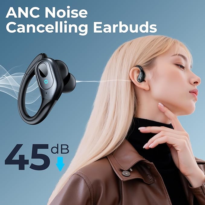 occiam Active Noise Cancelling Earbuds Wireless Bluetooth Headphones Ear Buds 90Hrs Playback Stereo Bass Earphones with Mic Over-Ear Hooks IPX7 Waterproof Headset for Work Sports Running Gym Black