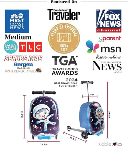 KIDDIETOTES 3-D Hardshell Luggage Scooter for Kids - Lightweight Rideable Luggage for kids - Fits in Overhead Bins - LED Light Up Wheels