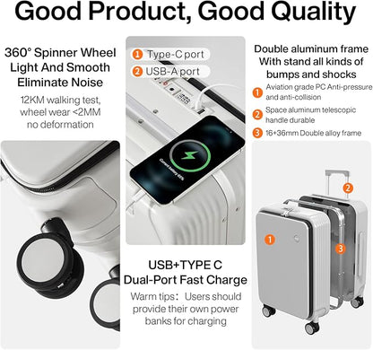 mixi Checked Luggage with Cup Phone Holder and Charger Hard Shell Suitcases with Spinner Wheels, 24 Inch Smoke White