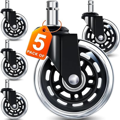 Office Chair Wheels for Casters Replacement - 3" Rubber Wheels for Computer Gaming Desk Caster Smooth & Safe Rolling for All Floors Including Hardwood and Carpet - Set of 5 - Modern