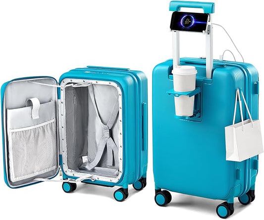 Hanke 20 Inch Expandable Carry On Luggage Airline Approved Top Opening Travel Luggage Rolling Suitcase with Cup Holder Hard Shell Suitcases with Wheels (Caribbean Blue)
