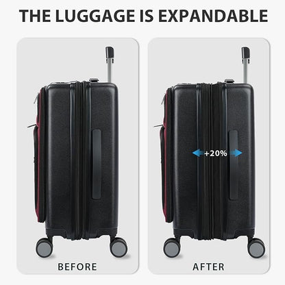 KROSER Hardside Expandable Carry On Luggage 22x14x9 Airline Approved With Front Business Pockets, 20 Inch Suitcases with Wheels, Carry on Suitcase with TSA Lock & USB Port, Black-Dark Red