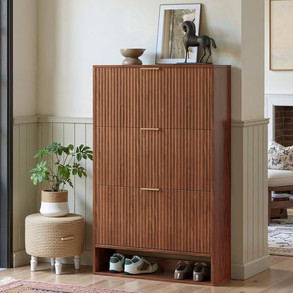 Walnut Tall Shoe Storage Cabinet for Entryway with 3 Flip Drawers, Narrow Wood Fluted Shoe Rack Cabinet, Freestanding Slim Shoe Organizer Cabinet for Foyer, Hallway