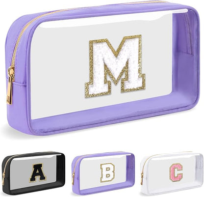 Personalized Initial Letter Clear Makeup Bag,Preppy Small Nylon&PVC Cosmetic Zipper Bag with Chenille Letter,Travel Skincare Toiletry Bag,Monogram Christmas Gift for Teen Girls Women,M