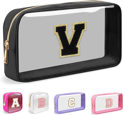Small Clear Personalized Initial Makeup Bag, Preppy Nylon A-Z Chenille Letter Patch Makeup Organizer TSA Approved Travel Toiletry Bag,Waterproof Zip Beach Cosmetic Pouch Purse for Women(Black-Black V)