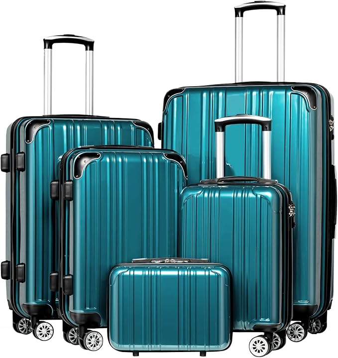 Coolife Luggage Expandable(only 28") Suitcase PC+ABS Spinner 20in 24in 28in Carry on (green new, 5 piece set)