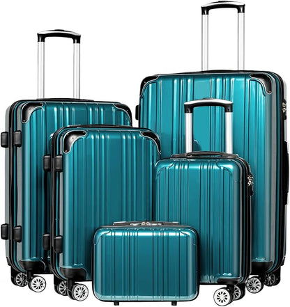 Coolife Luggage Expandable(only 28") Suitcase PC+ABS Spinner 20in 24in 28in Carry on (green new, 5 piece set)