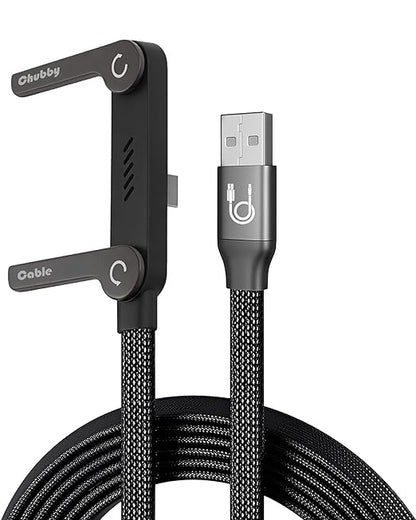 chubbycable StandLite 65W Braided Fast Charge Cable with Built-in Phone Stand T-Shaped Foldable Durable USB A-C Cord 90 Degree USB C Cable Right Angle Multi-Functional Charger Cord, Black, 4.9FT