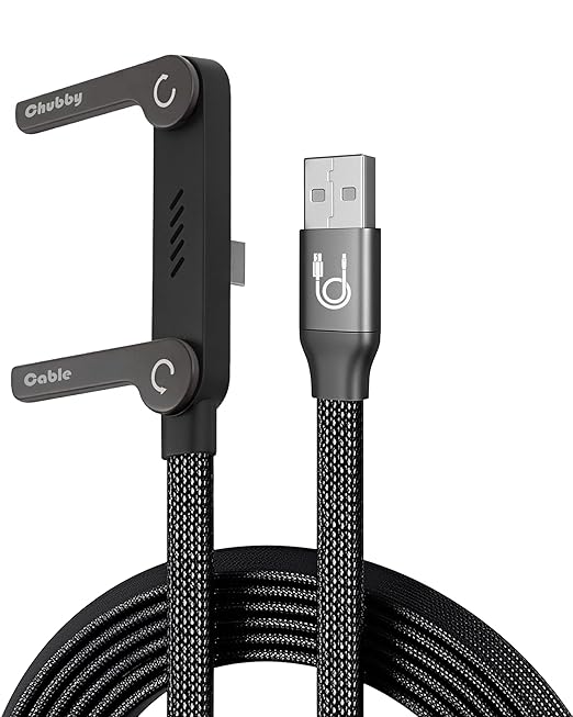 chubbycable StandLite 65W Braided Fast Charge Cable with Built-in Phone Stand T-Shaped Foldable Durable USB A-C Cord 90 Degree USB C Cable Right Angle Multi-Functional Charger Cord, Black, 4.9FT