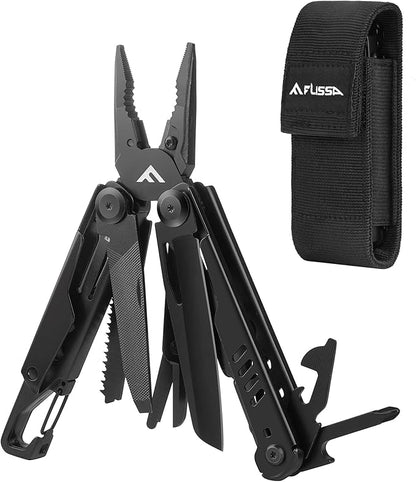 FLISSA 15-in-1 Multi-tool Pliers with Sheath, Portable Pocket Knife with Safety Locking System, Belt Clip and Sheath for Outdoors, Survival, Camping, Fishing, Hunting – Ideal Christmas Gift for Man