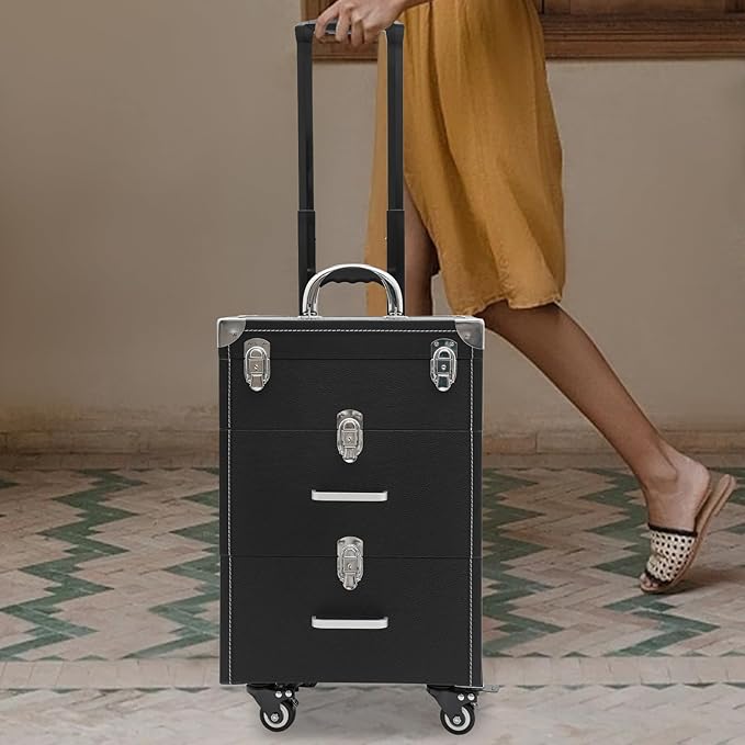 Rolling Makeup Case w/ 2 Keys, 3-tier Lockable Makeup Train Case w/ Drawers, Removable Baffle Nail Polish Organizer, Travel Cosmetic Case w/ 17.7in Telescopic Rod, 14.2*9*19.3in, Silver Latch+Black