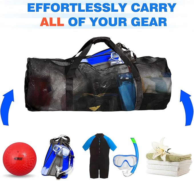 Black Heavy-Duty Large Mesh Sports Duffle Bag, Dry Bag, Diving Equipment Scuba Bag with Zipper. Great for Gym Workout, Sport Balls Storage, Scuba Gear, Snorkeling, Water Sports and Travel