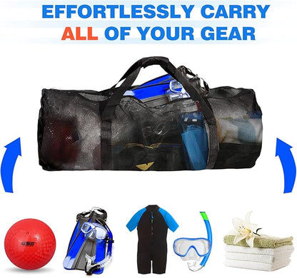 Black Heavy-Duty Large Mesh Sports Duffle Bag, Dry Bag, Diving Equipment Scuba Bag with Zipper. Great for Gym Workout, Sport Balls Storage, Scuba Gear, Snorkeling, Water Sports and Travel