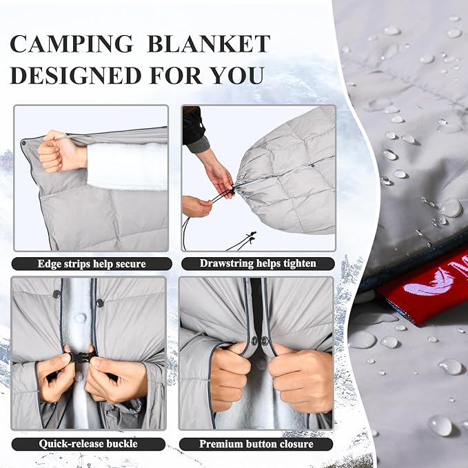 MOOX Down Camping Blanket Packable Backpacking Camping Quilt Outdoor Lightweight Warm Water Resistant Puffy Sleeping Bag Travel Hiking 55"x79" Waterproof Camp Throw Blanket, Gray Blue