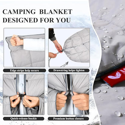 MOOX Down Camping Blanket Packable Backpacking Camping Quilt Outdoor Lightweight Warm Water Resistant Puffy Sleeping Bag Travel Hiking 55"x79" Waterproof Camp Throw Blanket, Gray Blue
