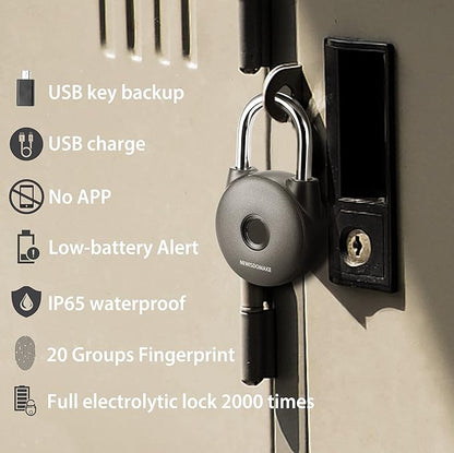 Fingerprint Padlock, Smart Lock with Key Backup, Waterproof for Gym, Luggage, Bookcase, Suitcase, Backpack, Bike, School Locker (Gray)