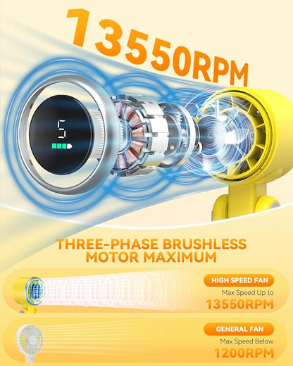Portable Handheld Turbo Fan, 5-Speed Personal Fans, 5000mAh Rechargeable Fans Up to 12 Hours, Weight only 0.6lb Small Fan, Hand/Neck/Desk Fan 3 IN 1, Beach Vacation Essentials(Yellow)