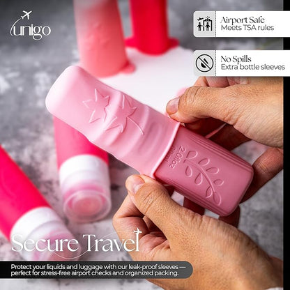 unigo 30 pack Full Set TSA Approved Travel Bottles, Travel Size Containers for Toiletries, Refillable Leakproof Travel Shampoo and Conditioner Bottles, Toiletry Containers,Extra Bottle Sleeves (Pink)