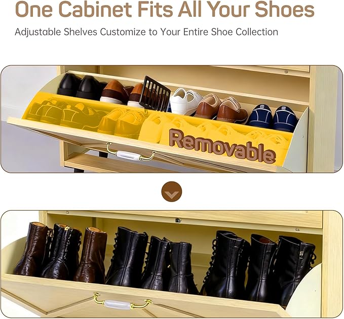 Shoe Storage Cabinet for Entryway with 2 Flip Drawers, Narrow Metal Shoe Cabinet with Anti-Tip, Holds 12-16 Pairs, Freestanding Shoes Cabinets Storage for Entryway, Foyer, Hallway