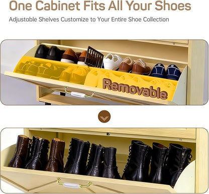 Shoe Storage Cabinet for Entryway with 2 Flip Drawers, Narrow Metal Shoe Cabinet with Anti-Tip, Holds 12-16 Pairs, Freestanding Shoes Cabinets Storage for Entryway, Foyer, Hallway