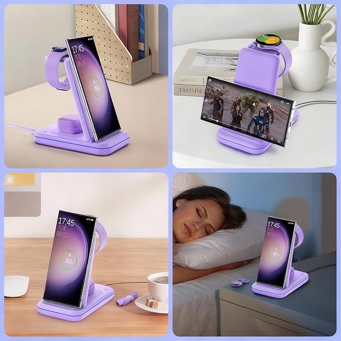 Wireless Charging Station for Samsung/Android, Fast Wireless Watch Charger Station Compatible for Samsung Galaxy S25 Ultra/S24/S23+/Z Flip 7/6 Fold 7/6, Watch8/7/Pro/Active 2 Galaxy Buds3/2 Pro(Purple