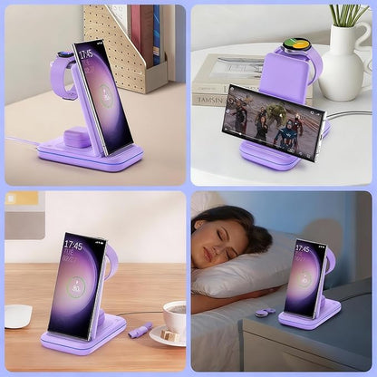 Wireless Charging Station for Samsung/Android, Fast Wireless Watch Charger Station Compatible for Samsung Galaxy S25 Ultra/S24/S23+/Z Flip 7/6 Fold 7/6, Watch8/7/Pro/Active 2 Galaxy Buds3/2 Pro(Purple