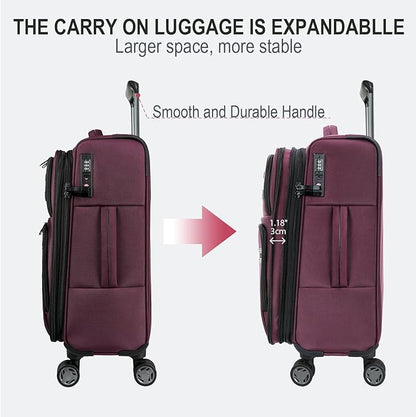 KROSER Softside Expandable Carry On Luggage with Front Business Pockets，20 Inch Suitcases with Spinner Wheels & Built-in TSA Lock, Durable Suitcase Rolling Luggage with USB Port, Burgundy