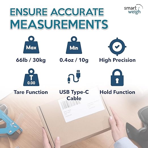 Smart Weigh Digital Postal Shipping Scale, 66 lb Capacity, 0.1 oz Readability, Hold & Tare Function, High-Accuracy Scale, Includes Batteries & USB-C