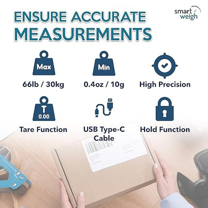 Smart Weigh Digital Postal Shipping Scale, 66 lb Capacity, 0.1 oz Readability, Hold & Tare Function, High-Accuracy Scale, Includes Batteries & USB-C
