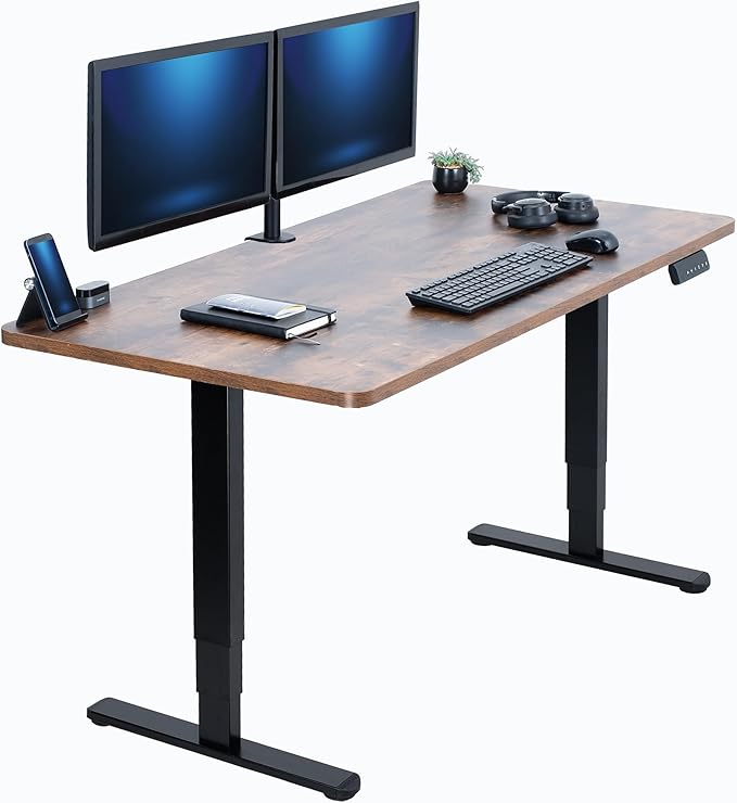 VIVO Electric 60 x 24 in Dual Motor Sit Stand Desk, Memory Height Adjustment, 2B Series, Rustic Vintage Brown Top Black Frame, DESK-KIT-2B6N