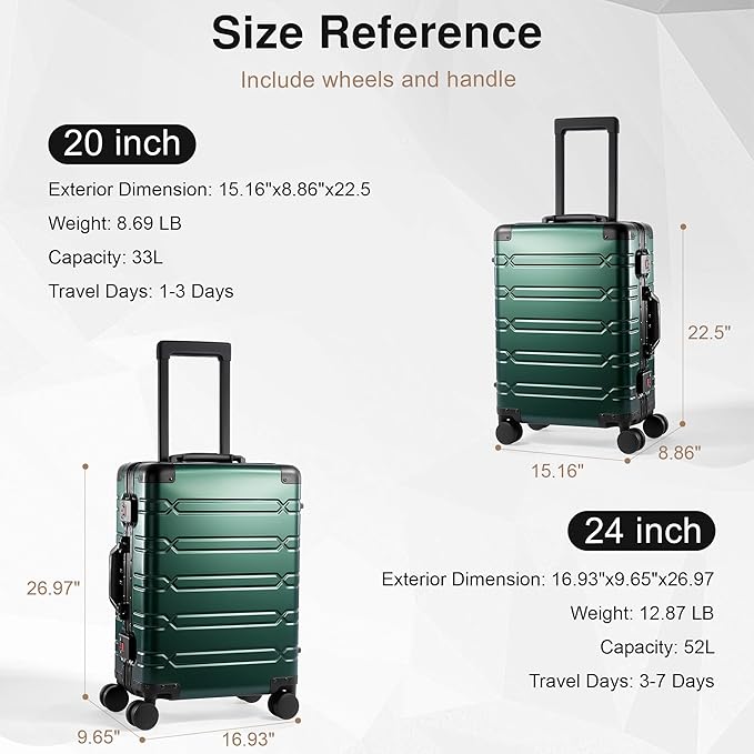 All Aluminum 24 Inch Check In Luggage Hard Shell Suitcases with Spinner Wheels and TSA Lock, Checked Medium Suitcase (Dark Green)