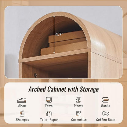 67" Tall Arched Bathroom Storage Cabinet, 8-Tier Modern Farmhouse Storage Cabinet with Adjustable Shelves, Wood Freestanding Cabinet for Bathroom, Living Room, Entryway, Hallway (Natural)
