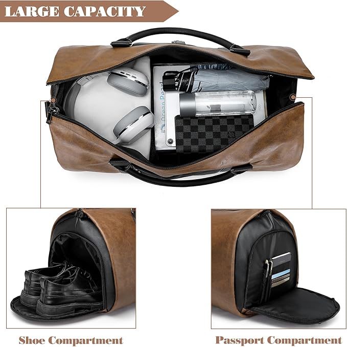 Garment Duffle Bags for Travel with Shoe Compartment 2 in 1 Convertible Carry on Garment Bag for Men Business Foldable Suit Bag for Hanging Clothes, Brown