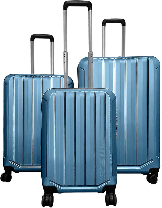 GYMAX Luggage Sets 3 Pieces Hardside Suitcase with Spinner Wheels & Lock, 20” Carry On, 24” & 28” Checked Luggage Set, Lightweight Portable for Travel, Business (Blue,Vertical Stripe)