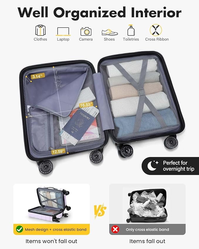 Lekesky 16 Inch Underseat Carry On Luggage Airline Approved, Small Hard Shell Suitcase with TSA Lock Spinner Wheels, Lightweight Personal Item Carry-On for Travel, Purple
