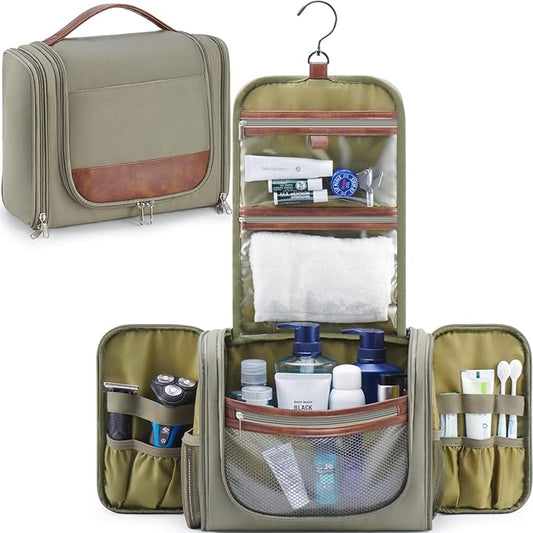 Large Hanging Toiletry Bag for Men, Travel Bathroom Bag with Hook, Hygiene Bag Organizer for Shower, Shaving & Grooming Essentials, Green