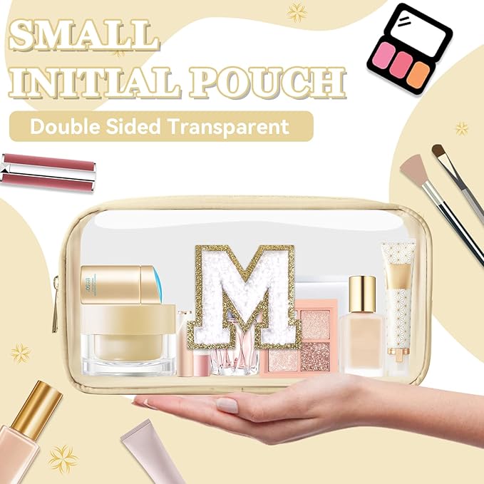 Small Clear Personalized Initial Makeup Bag,Nylon Preppy A-Z Chenille Letter Patch Cosmetic Pouch Beach Toiletry Bag,Waterproof Zipper Travel Purse Storage Bag Organizer for Women Girls(Beige-White M)