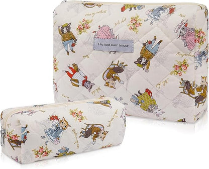 2PC Makeup Bag Set, Cute Cosmetic Bag for Women Girls, Floral Coquette Aesthetic Toiletry Bag, Travel Make Up Organizer Bag (Cat Print)