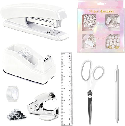 Office Desk Accessories, White Office Supplies Accessories with Tape Dispenser, Stapler, Staple Remover, 1000 Staples, Tape, Clips Set, Ruler, Scissor, Pen