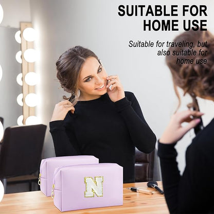 Gifts for Girls Initial Makeup Bag Personalized Cosmetic Bag with Zipper Cute Travel Toiletry Bag Waterproof PU Preppy Makeup Pouch Birthday Gift for Teen Girls Women(Purple N)