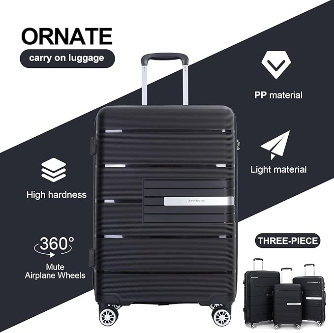 Luggage 3 Piece Sets Suitcase Set with Double Spinner Wheels, Lightweight Carry On Hardside Travel Luggage with TSA Lock, (20/24/28) (Black)