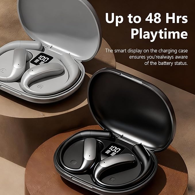 Wentronic Open Ear Headphones, Wireless Earbuds Bluetooth 5.4 with Digital Display, Secure Earhook, 48H Playtime, Enhanced Sound, Clear Calls, IP55 Waterproof Ultra-Light Sports Headphones - Silver