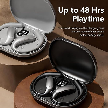Wentronic Open Ear Headphones, Wireless Earbuds Bluetooth 5.4 with Digital Display, Secure Earhook, 48H Playtime, Enhanced Sound, Clear Calls, IP55 Waterproof Ultra-Light Sports Headphones - Silver