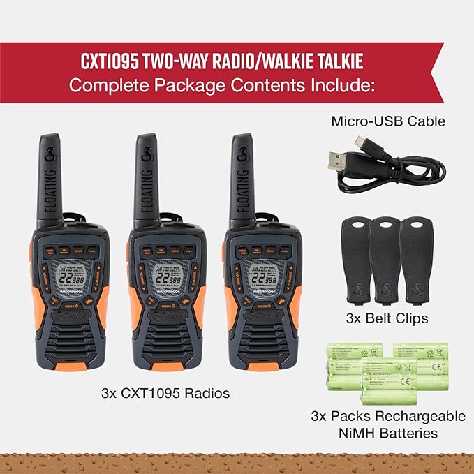 Cobra CXT10953PH-M Emergency Two-Way Radios, Waterproof Walkie Talkies, Up to 40 Mile Range, 22 Channels and NOAA Weather Channels, UHF/FM Ultra-Clear Reception, 3-Pack