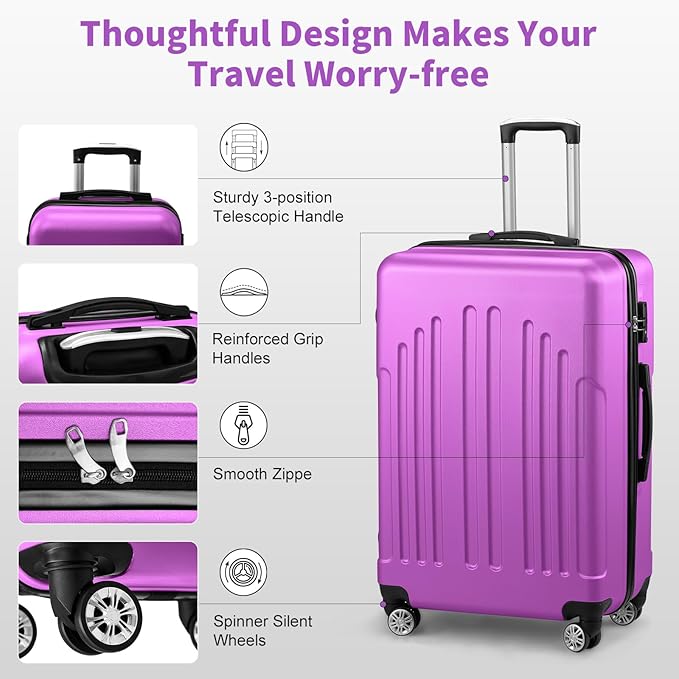 Karl home 28 Inch Check-in Luggage with Spinner Wheels, ABS Hardshell Checked Suitcase with TSA Lock, Durable Large Suitcase Rolling Luggage for Men Women, Purple