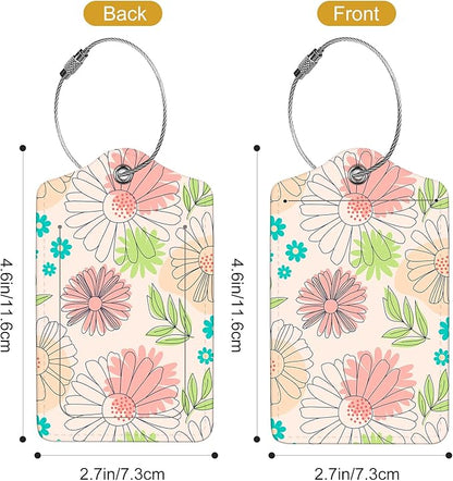 2Pack Luggage Tags for Suitcases, Cute Unique Pu Leather Cruise Luggage Tag with Privacy Cover ID Label Address Card and Metal Ring Suitable for Women Men Kids Travel Bag Pink Line Flower